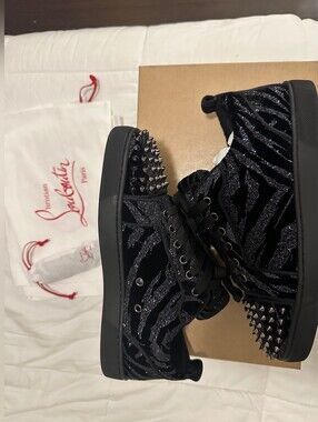 Christian Louboutin Black Glitter Zebra Spike Sneakers  Size : 41.5